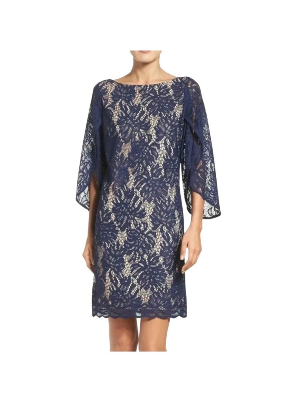 Lilly Pulitzer Belmont Navy Blue Paradise Found Lace Sleeve Sheath Dress SZ M